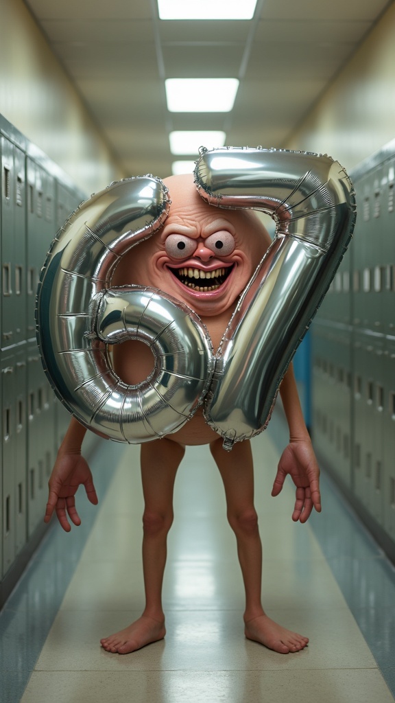 Sessantino Settino, the final boss of six seven — a creature of two fused chrome balloon digits reading 67