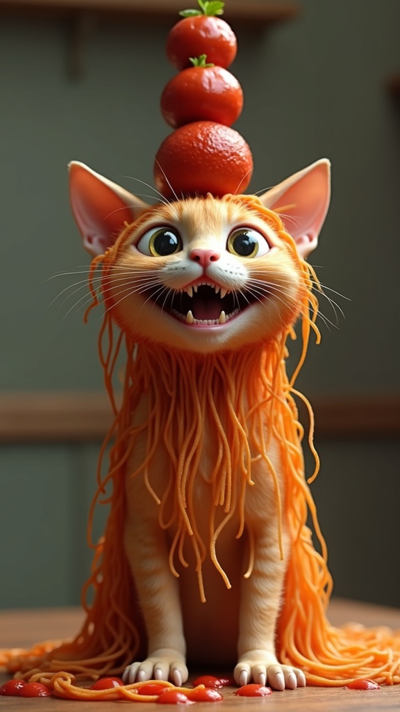 Gattino Spaghettino, the final boss of spaghetti — a cat of cooked spaghetti strands with a meatball crown